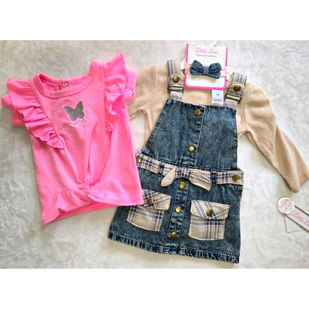 Little Lass Denim Jumper Dress w Headband & DeLiAs Pink Top Baby Girls 18M 4pc